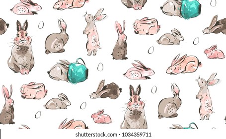 Hand drawn vector abstract sketch graphic scandinavian freehand textured modern collage Happy Easter cute simple bunny illustrations seamless pattern and Easter eggs isolated on white background.