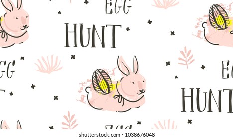 Hand drawn vector abstract sketch graphic scandinavian freehand textured collage Happy Easter simple bunny,eggs illustrations seamless pattern and Egg hunt calligraphy isolated on white background.
