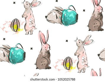 Hand drawn vector abstract sketch graphic scandinavian freehand textured modern collage Happy Easter cute simple bunny illustrations seamless pattern and Easter eggs isolated on white background.