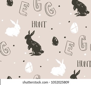 Hand drawn vector abstract sketch graphic scandinavian freehand textured modern collage Happy Easter cute simple bunny illustrations seamless pattern and Easter eggs isolated on grey background.