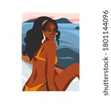 Hand drawn vector abstract stock flat graphic illustration with young happy black afro american beauty female,in swimsuit on sundown view scene isolated on white background