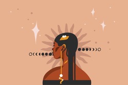 Hand Drawn Vector Abstract Stock Flat Graphic Illustration With Ethnic Tribal Black Beautiful African American Woman,sun And Magic Moon Phases In Simple Style ,isolated On Pastel Background