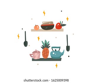 Hand drawn vector abstract stock cartoon modern flat graphic pictures collection set illustrations art with kitchen interior elements isolated on white background