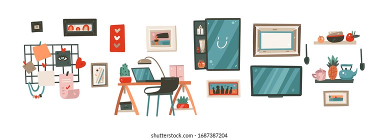 Hand drawn vector abstract stock cartoon modern graphic illustration art collection bundle set with home freelancer work space elements isolated on white background
