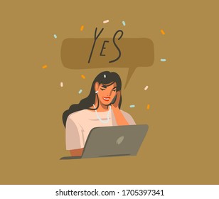 Hand drawn vector abstract stock graphic illustration with young smiling female working on laptop computer ,talking on phone and speech bubble isolated on color background