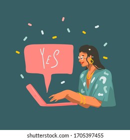 Dibujo gráfico gráfico abstracto de vector dibujado a mano con una joven sonriente trabajando en un ordenador portátil y charlando aislado sobre fondo blanco