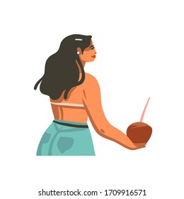 Hand drawn vector abstract stock graphic summer time illustration with young smiling female, holding coconut cocktail isolated on white background