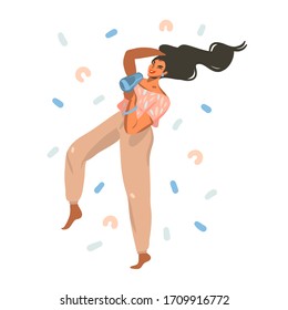 Hand drawn vector abstract stock graphic illustration with young happy female dries hair with a hairdryer and dances at home and abstract confetti isolated on white background