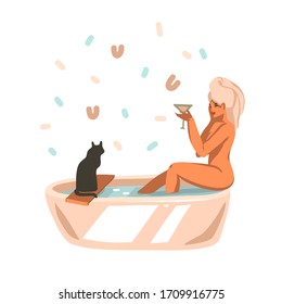 Hand drawn vector abstract stock graphic illustration with young happy female girl takes a bath with a towel on her head and drinks a cocktail at home with black cat isolated on white background