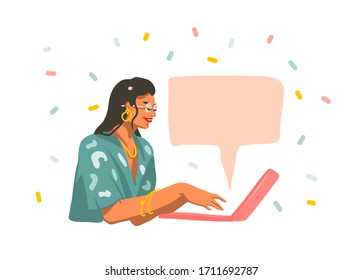 Hand drawn vector abstract stock graphic illustration with young smiling female working on laptop computer and chatting isolated on white background