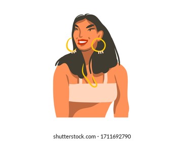 Abstrakte handgezeichnete Stockgrafik-Illustration mit jungem lächelnden hawaiianischen Weibchen einzeln auf weißem Hintergrund