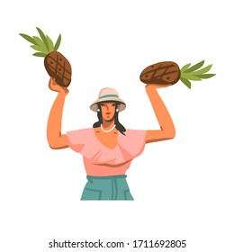 Hand drawn vector abstract stock graphic summer time illustration with young smiling female,dancing in fashion summer outfit with pineapples in panama hat isolated on white background