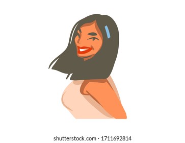 Hand drawn vector abstract stock graphic illustration with young smiling beautiful female isolated on white background