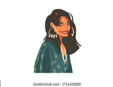 Hand drawn vector abstract stock graphic illustration with young smiling beautiful female with earrings isolated on white background