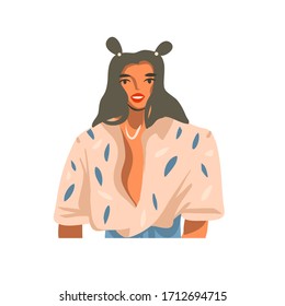 Dibujo gráfico gráfico abstracto de vector dibujado a mano con una joven estudiante con ropa de moda casual, aislada en fondo blanco