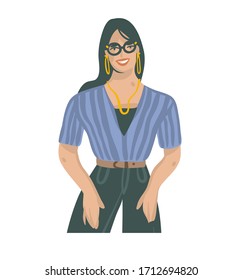 Hand drawn vector abstract stock graphic illustration with young smiling female student in glasses isolated on white background