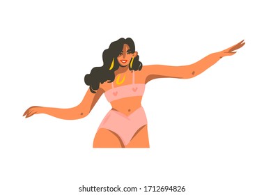 Hand drawn vector abstract stock graphic illustration with young smiling female dancing at home isolated on white background