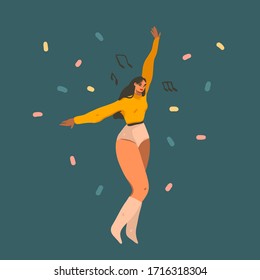 Dibujo gráfico de material abstracto con vector dibujado a mano con jóvenes sonrientes bailando feliz en casa con confeti aislado en fondo de color