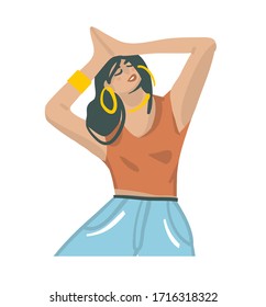 Dibujo gráfico de material abstracto con vector dibujado a mano con joven sonriente mujer feliz haciendo yoga aislado en fondo blanco