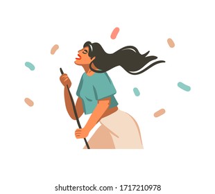 Hand drawn vector abstract stock graphic illustration with young happy female mop the floor and sing dance at home isolated on white background