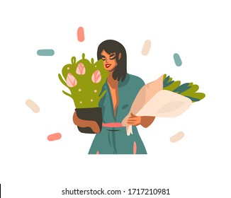 Dibujo gráfico abstracto de vector dibujado a mano con muchacha joven feliz, sosteniendo un ramo de flores y una flor en una olla aislada de fondo blanco