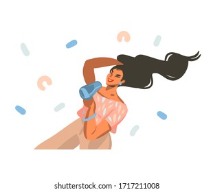 Dibujo gráfico abstracto de vectores a mano con pelo de hembra feliz joven, con secador de pelo y bailes en casa y confetti abstracto aislado en fondo blanco.