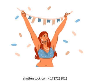 Hand drawn vector abstract stock graphic illustration with young happy female with flags waiting for a party at home ,with flags garland isolated on white background