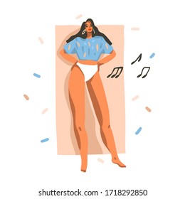 Hand drawn vector abstract stock graphic illustration with young smiling happy female dancing at home with confetti isolated on white background