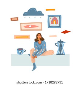 Hand drawn vector abstract stock graphic illustration with young melancholy female making and drinking coffee at home isolated on white background
