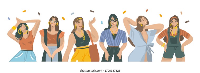 Hand drawn vector abstract stock graphic illustrations collection bundle set with young smiling females in fashion outfit isolated on white background