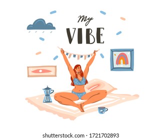 Hand drawn vector abstract stock graphic illustration with young happy female with flags waiting for a party at home ,with flags garland and My vibe lettering text isolated on white background