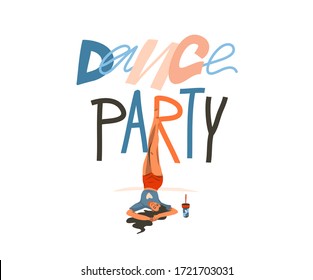 Dibujo gráfico de material abstracto con vector dibujado a mano con una joven sonriente, hace yoga remotamente y levanta las piernas en casa y la fiesta de baile aislada en fondo blanco