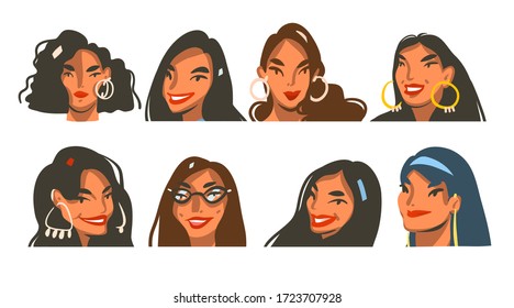 Hand drawn vector abstract stock graphic illustrations with young happy positive lifestyle females faces collection set bundle isolated on white background
