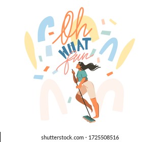 Hand drawn vector abstract stock graphic illustration with young happy female mop the floor and sing dance at home,handwritten lettering phase Oh what fun isolated on white collage background