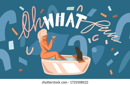 Handgezeichnete Vektorgrafik mit junges glückliches Weibchen nimmt ein Bad mit einem Handtuch auf ihrem Kopf und trinkt einen Cocktail zu Hause, mit schwarzer Katze isoliert auf Farbkollage Hintergrund