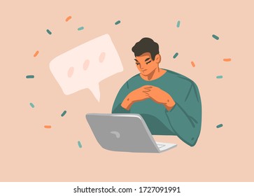 Hand drawn vector abstract stock graphic illustration with young male working on laptop computer isolated on color background
