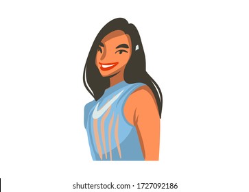 Dibujo manual vectorial abstracto gráfico de material gráfico con joven sonriente hermosa hembra aislada en fondo blanco