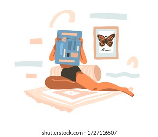 Hand drawn vector abstract stock graphic illustration with young female reading newspaper at home and abstract collage shapes isolated on white background