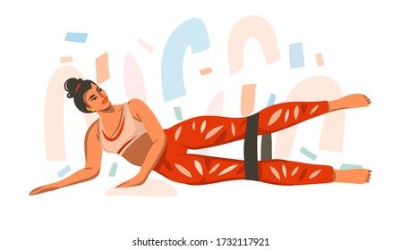 Dibujo manual vectorial abstracto gráfico de la población con entrenamiento femenino joven feliz en el hogar con elásticos deportivos de caucho aislados en fondo blanco