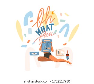 Hand drawn vector abstract stock graphic illustration with young female reading newspaper at home and abstract collage shapes and Oh what fun lettering isolated on white background