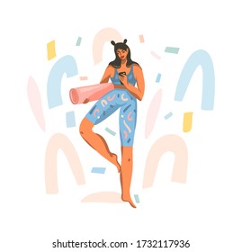 Hand drawn vector abstract stock graphic illustration with young happy female with a mat for yoga class watching a workout on the phone isolated on white background