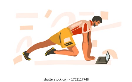 Hand drawn vector abstract stock graphic illustration with young happy male training at home with laptop computer watching online fitness training isolated on white background