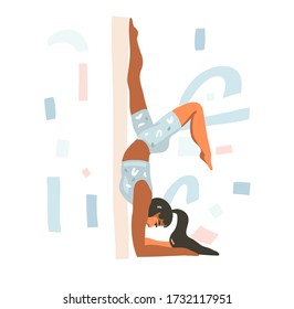 Hand drawn vector abstract stock graphic illustration with young happy female do yoga poses at home isolated on white background