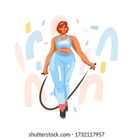 Hand drawn vector abstract stock graphic illustration with young happy female training at home,wants to lose weight and jumps on a skipping rope in sportswear isolated on white background