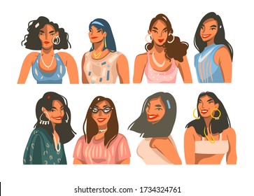 Hand drawn vector abstract stock graphic illustrations collection set bundle with young smiling beautiful females with earrings isolated on white background