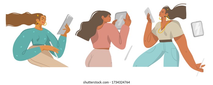 Colección de ilustraciones gráficas de material abstracto de vector dibujado a mano con niñas en cuarentena que trabajaban en casa en una computadora tablet con lápiz aislado en fondo blanco