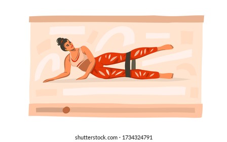 Hand drawn vector abstract stock graphic illustration with young happy female training at home with sports rubber elastics on video isolated on white background