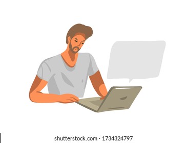 Hand drawn vector abstract stock graphic illustration with young male working or chatting on laptop computer isolated on white background