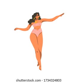 Hand drawn vector abstract stock graphic illustration with young smiling female dancing at home isolated on white background