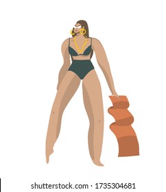 Hand drawn vector abstract stock graphic illustration with young happy positive smiling female in swimsuit on the beach with towel isolated on white background